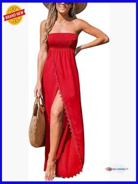 Sleeveless Lace Smocked Strapless Slit Maxi Dress Summer Formal